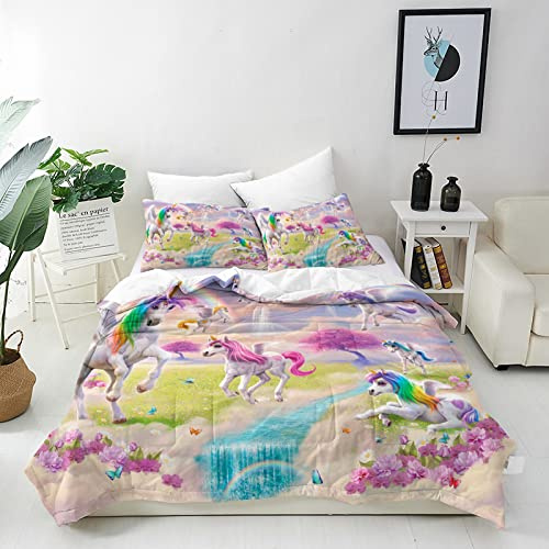 ANHOPE Parure de Lit Rainbow Licorne Fleur Papillon Housse de Couette 200x200 cm avec 2 Taies d'oreiller 75x50 cm Microfibre Literie avec Fermeture Éclair pour Enfants Filles | Parure de lit en microfibre douce, imprimé papillon floral, arc-en-ciel, 2 taies d'oreiller 50 x 75 cm, pour filles