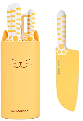 hecef Set Couteaux Cuisine 5 Pièces Jaune – Design Patte de Chat Unique, Lame Large Acier Inoxydable Anti-adhésif, Manche Ergonomique Bicolore PP+TPR, Bloc à Couteaux Amovible, Idée Cadeau Cuisine