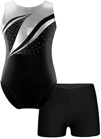 YiZYiF Barn flickor gymnastikdräkt shorts set gymnastik leotards balett jersey dans body med korta byxor konkurrens sport yoga set danskostym, B_svart, 146/152 cm