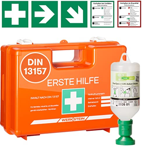 Erste Hilfe Kasten DIN 13157:2021 I Inkl. Augenspülflasche 500ml, praktischer Wandhalterung, 5x Aufkleber & Plombe I Erste Hilfe Koffer für Betriebe, Einrichtungen & Zuhause I Verbandskasten
