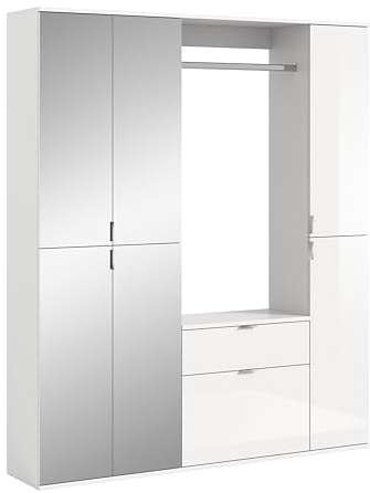 xonox.home Systemmöbel Projekt X 4tlg.Kombination Garderobe Ankleidezimmer Schranklösung Büro Ordnungssystem in Front weiß Hochglanz/Spiegel Korpus weiß Nb., ca. 152x193x34 cm