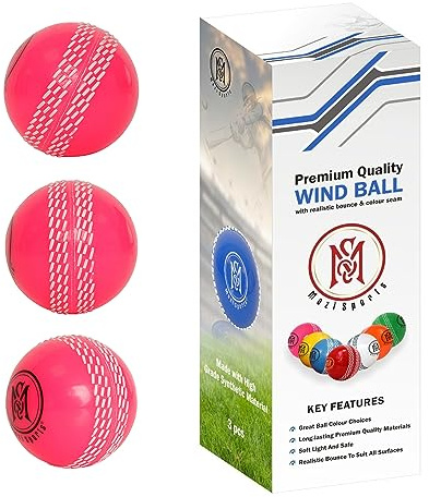 Mozi Sports vindcricketbollar – inomhus och utomhus mjuk träning cricketbollar för färdigheter coaching övning (3 x vindrosa bollar)
