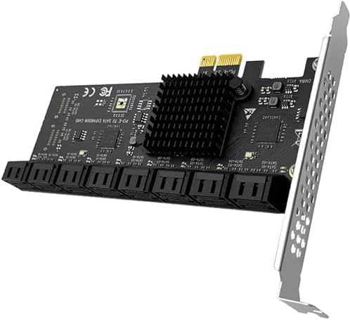 PCIe 2.0 X1 auf SATA 3.0 Adapter | 16 Ports Riser Karte | Mit Kühlkörper | 6 Gbit/s SSD Erweiterungskarte | 4 Speichermodi | Kompatibel mit PCIe X4/X8/X16
