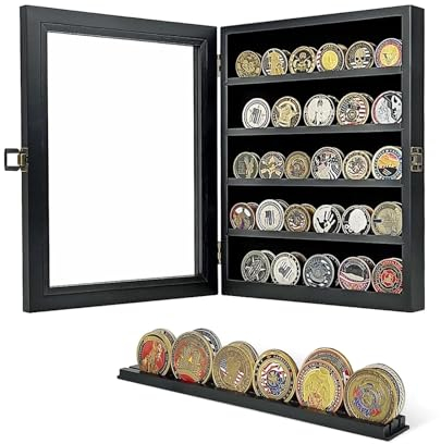 HHUXIUE Abschließbare Militärische Münzvitrine,Herausforderung Münze Inhaber,Abnehmbare Regale Holz Militär münzbox Regal Halter Schattenbox Poker-Chip,Sportmünze Sammlerstücke Vitrine