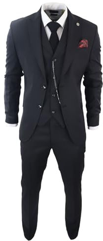 Mens Classic 3 Piece Suit Black Pocket Chain Wedding Tailored Fit Vintage Formal - Black 40