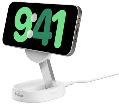 Belkin BoostCharge Pro 15W convertible magnetic wireless charging stand, MagSafe compatible fast Qi2 wireless charger, magnetic fast charger for Apple iPhone 16, 15, 14, 13, 12, AirPods Pro - White