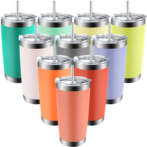 TESIN 10 Pcs Insulated Tumbler with Lid and Straw, 20 oz Stainless Steel Tumbler Bulk Double Wall Vacuum Stainless Steel Travel Mugs Heat Spill Proof Coffee Cups for Cold or Hot Drinks (Multicolor)