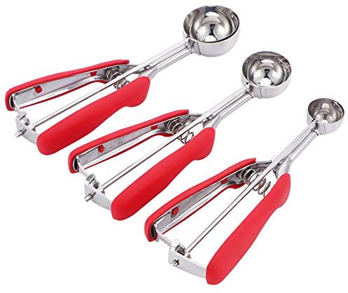 Ensemble de 3 Cuillères à Crème Glacée, Cuillère à Biscuits, Cuillère à Glace en Acier Inoxydable Avec Gâchette, Pelle à Pastèque pour Creuser des Fruits à la Crème Glacéef(Rouge)