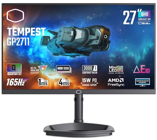Cooler Master Tempest GP2711 – 27 Gaming-Monitor, WQHD (2560x1440), 165Hz, 1ms, VA-Panel, 95% DCI-P3 Quantum Dot & Mini-LED 576 Zonen, KVM, HDR 1000, DP 1.4, HDMI 2.0, USB-Typ -C (15W)