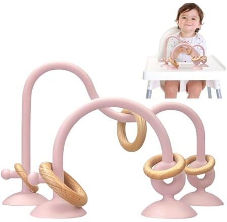 LYNSAN Juguete para Bebé con Ventosa, Juguetes de Trona Montessori Sensorial de Silicona con Anillo de Madera, Educativos Regalo para Niños y Niñas, Guardería, Hogar, Habitación de Bebé, Rosa