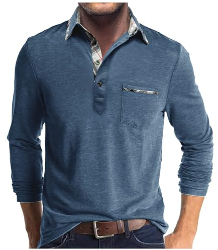 Poloshirt Herren Langarm Shirt Basic Baumwolle Langarmshirt mit Knopfleiste Mode Longsleeve Polohemd mit Brusttasche Leichte Sommershirt Regular Fit Polo Shirt Lässig Longshirt Einfarbige Oberteile