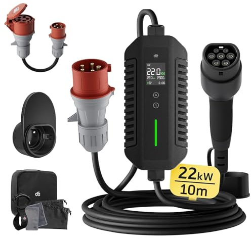 dé Mobile Wallbox 22kW [3-phasig,10m,6-32A] mit Einstellbarer Ladeleistung | Ladekabel e Auto CEE 32A 400V auf Typ 2 Ladekabel,RCD Type A 30mA AC + 6mA DC,IP66, EV-Charger für BEV/PHEV
