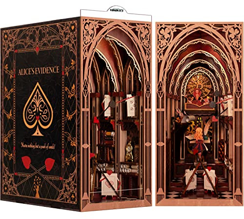 MiniCity Book Nook, Miniatyrhus, 3D-Träpussel, Bokstöd, Presentdekoration för Vuxna (Alice i Wonderland)