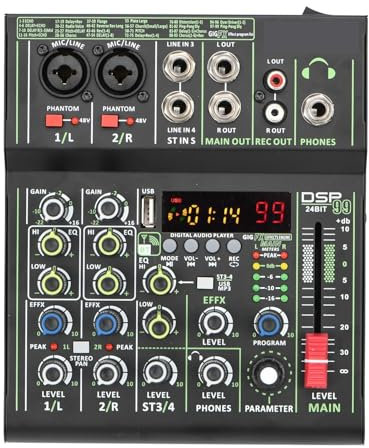 Professional Mixer Mini Portatile 99 Effetti DSP Mixer Audio A 4 Canali Riproduzione E Registrazione USB Individuale Alimentazione Phantom +48 V Mixaggio Audio for Recording DJ Stage Karaoke Music App