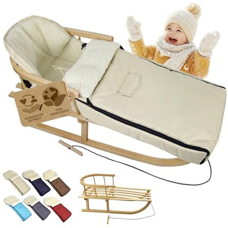 BambiniWelt Holzschlitten mit Rückenlehne & Zugseil + Winterfußsack 108 cm – warme Lammwolle, wasserabweisend – Kombi-Set für Kinderwagen & Buggy, Farbe: beige