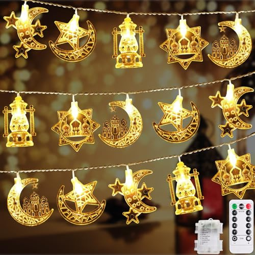 ACAREY Ramadan Lichterkette mit Timer, 3M 20LED Ramadan Deko Lichterkette Innen 8 Mode Eid Mubarak Dekoration, Stern Mond Lichter Lichtervorhang Deko für Zuhause Garten Party