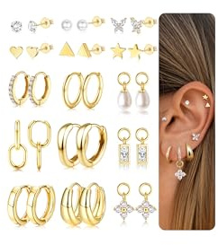 Diamday 12 Paar Ohrringe Damen Creolen Ohrstecker Set Chirurgenstahl | Ohrringe Gold/Silber 316L Chirurgenstahl Medizinische Ohrringe Set Creolen Ohrstecker Tragus Knorpel Helix Piercing Ohr