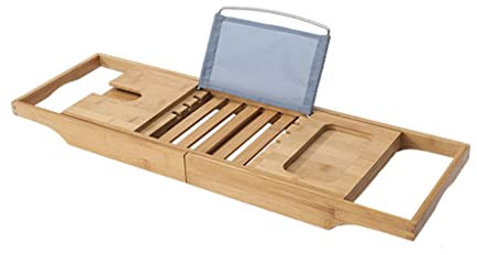 GAROEN Bandeja de baño Extensible Bandeja de bañera Bandeja de bañera de hidromasaje Organizador de bañera Soporte para Libros, Vino y tabletas Estante de Lectura Accesorios de baño