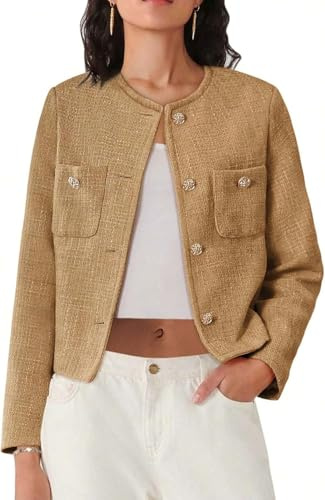 Juankrynord 2025 Women's Spring Long Sleeve Buttoned Casual Short Tweed Business Jacket Long Sleeve Rolled Round Collar Buttoned Casual Blazer with Pockets