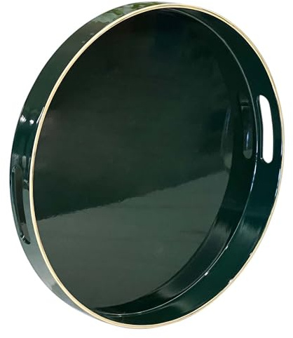 Simmer StRound Plateau décoratif rond en plastique avec poignées, coiffeuse moderne et de service pour ottoman, table basse, cuisine et salle de bain, taille 33 cm (bordure dorée vert foncé)