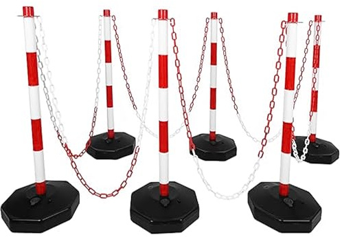 6 Traffic Safety Delineator Posts - Red and White | Height Adjustable Barrier Posts with Fillable Base and 12 Meter Plastic Chain | Portable Indoor Queue & Access Control Poles with S Connectors