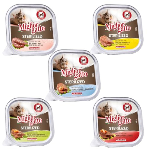 Miglior Gatto Sterilized, Paté delicato per Gatti Sterilizzati, 30 Vaschette da 100g, 5 Gusti Assortiti (30 pz 5 gusti)