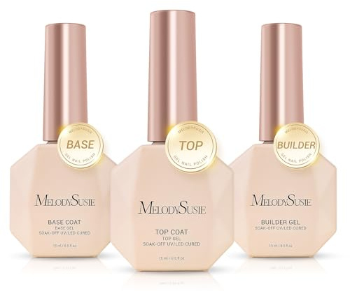 MelodySusie No Wipe Glossy Top Coat Base Coat Builder Gel Set Long Lasting Shine Finish Soak Off UV LED Nail Lamp Nail Art Design Manicure Kit Perfect Gifts for Women Girls 3 Pcs 15ml