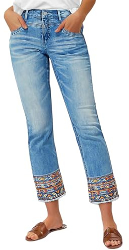 Flamingals Straight Leg Cropped Jeans for Women Light Blue M | Embroidery Jeans,Raw Hem,Straight Leg Cropped Jeans,Stretchy Denim Jeans,Casual, Daily Work, Office, Vacation, Trendy