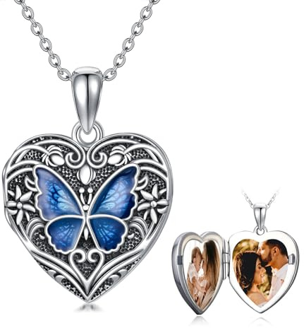 Shusukue Collar con medallón para mujer, plata de ley 925, imagen de mariposa, collar con medallón en forma de corazón, collar personalizado con foto