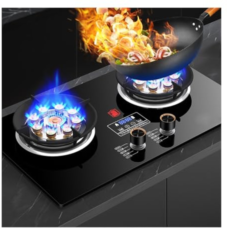 Cuisinière À Gaz 2 Feux 5,2 KW, Minuterie Indépendante Double Face, Panneau En Verre Trempé For Cuisine Domestique Avec Protection Anti-extinction(NG)