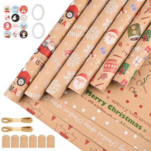 GuKKK Carta da Regalo Natalizio Set, 6 rotoli 43CM x 3M Carta Regalo Natalizia Kraft, Con un Disegno Natalizio su Entrambi i Lati, Decorazione Natalizia per Confezione Regalo di Natale