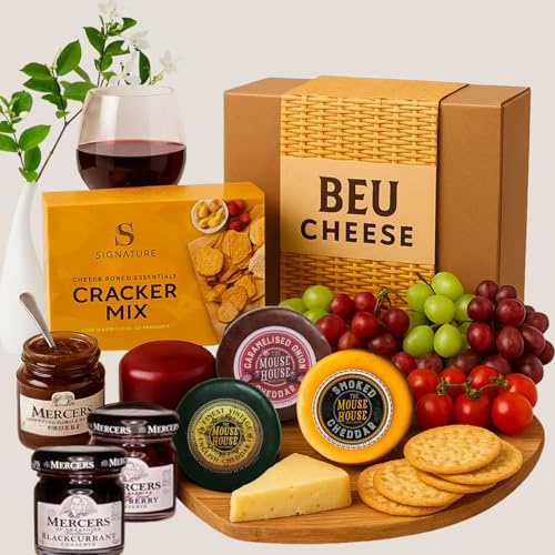 Cheese Hampers Gift Set - 3x Cheeses Truckle Selection, Jam Marmalades, Crackers & Card - Cheeseboard Gift Set, Cheese Selection Box, Birthday Hamper for Men & Women, Fathers Day Hamper