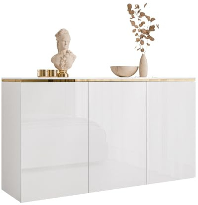 Lookway Kommode Aurora 3D– Weiß Hochglanz mit Golddekor, Hängend oder Stehend auf Goldfüßen – Modernes Design, Luxus & Stauraum (Hängend)