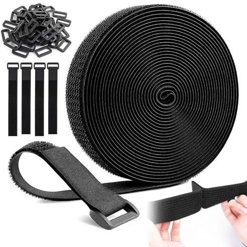 8m x 2cm Heavy Duty Hook and Loop Straps with 30 Plastic Buckles, Cut-to-Length Reusable Fastening Straps, Cable Ties for Cable Tidy, Wire Management & Cord Organiser