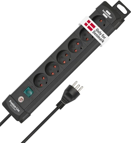 Brennenstuhl Premium Line, Ciabatta elettrica a 6 prese con sistema a incastro tipo K (Danimarca) per il montaggio a parete (presa multipla con interruttore e cavo da 3 m, non adatta alla Germania
