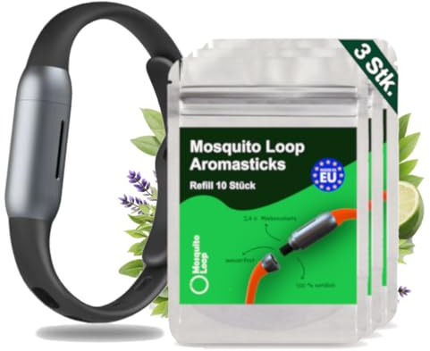 Mosquito Loop Mückenarmband für Erwachsene Starterpaket | Effektiver Mückenschutz ohne Chemie & Refill Funktion | Silikonarmband | 1 Stk. Armband Schwarz + 3 Stk. Aromastick 10er Refiller