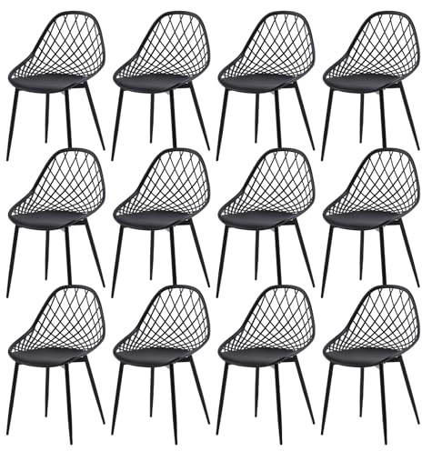 Gartenstuhl 12er Set, Gartenstühle mit Lochdesign Design aus PP & Metall, Wetterfeste Outdoor Stühle Esszimmer für Garten, Terrassenstühle, Balkonmöbel Kleiner Balkon, Esszimmerstühle, Schwarz