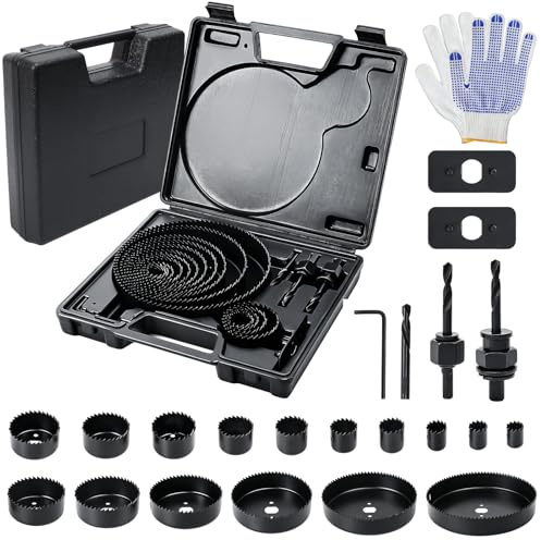 COEWUR Hole Saw Set, 19-152mm Variable Carbon Steel Hole Saw Cutter Kit | with 16 Saw Blade(3/4-6),3 Drill Bits,2 Installation Plate and Hex Key Gloves Storage Case,for Wood Plywood PVC Board