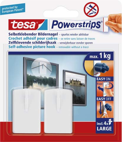 tesa® Ganci adesivi Powerstrips® LARGE, autoadesivi, rimovibili, bianchi, 2 chiodi/4 strisce (2 pezzi), riceverete 1 confezione da 2 pezzi