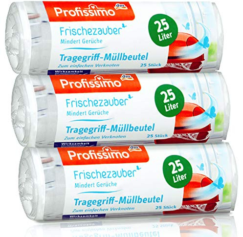 Profissimo Frischezauber Tragegriff Müllbeutel 25 Liter (75 Stück) - 3er Pack (3 x 25 Stück) mindert Gerüche reißfest und flüssigkeitsdicht