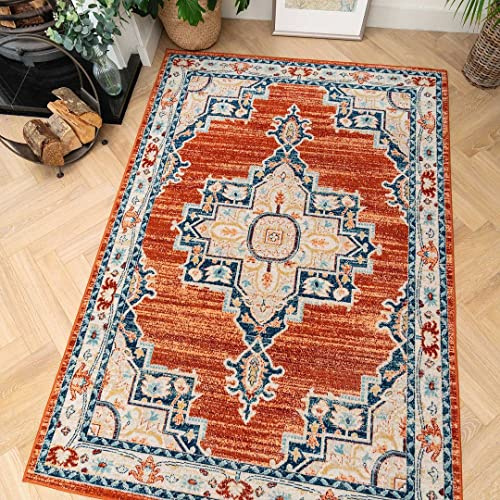 Classic Traditional Persian Style Living Room Area Rug Floral Medallion Border Orange Navy Bedroom Carpet Stain Resistant Oriental Kitchen Dining Room Rugs 80cm x 150cm