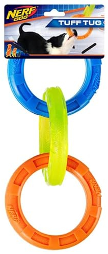 Nerf Glow 3-Ring TPR Tug Blue, Green and Orange Dog Toy, Large