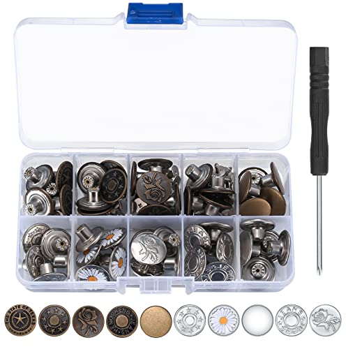 50 Stk Verstellbare Jeans Knöpfe, Jeansknöpfe zum Schrauben, Ersatz Metall Hosenknöpfe, Abnehmbare Hosen Druckknöpfe Knöpfe für Kleidung Jeans Hosen Taschen, mit Schraubendreher