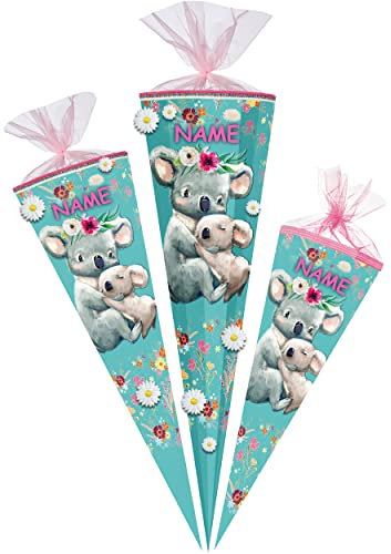 alles-meine.de GmbH Schultüte mit 3D Stoff - Blüten ! süße Koala Familie 35-85 cm Größe wählbar inkl. Name - Zuckertüte - Tüllabschluß/Filzabschluß - eckig/rund -..