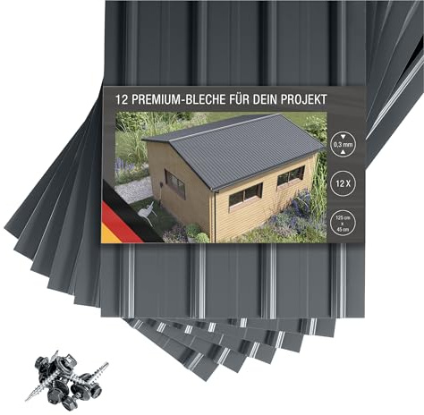 SMART 12 Stück Trapez-Abdeckblech Profilblech Premium-Blech Stärke 0,3 mm 125 x 45 cm 6,75 m² inkl. Schrauben (Grau)