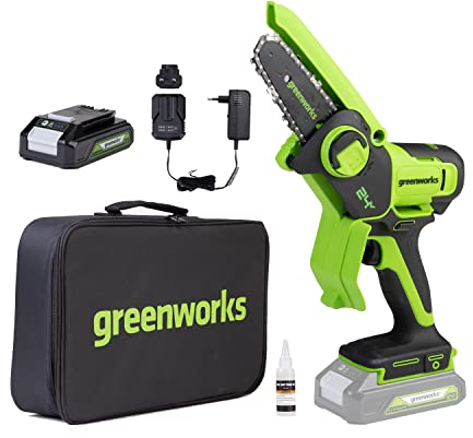 Greenworks 24V Mini-Kettensäge 4 Zoll (10cm) kabellose Akku-Kettensäge mit 2Ah-Akku, 7,8 m/s Kettengeschwindigkeit Elektro-Kettensäge für Baumzweige, Gartenarbeiten, Hof und Haushalt.