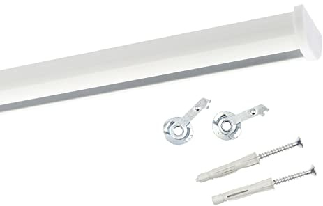 Deco-Raum Gardinenschiene auf Maß Aluminium Innenlauf eckig flach Deckenbefestigung Vorhangstange Flächenvorhang Schiene Innenlaufstange für Vorhänge mit Spannriegel weiss 240cm geteilt Round