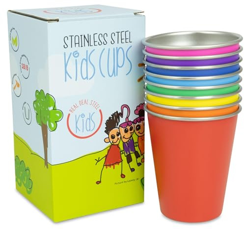 Stainless Steel Kids Cups - Set of 8 Rainbow Colored Metal Cups for Children and Toddlers, Premium 10 oz Drinking Glasses in Fun Colors, BPA Free, Unbreakable (Rainbow (8 Pack))