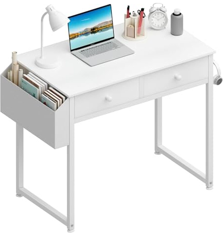 Lufeiya Mesa Escritorio Blanco con cajones, Escritorio Pequeño para Oficina Escritorio Ordenador casa de con cajón de Tela y Bolsa Mesa de Estudio para Espacios 80X40cm