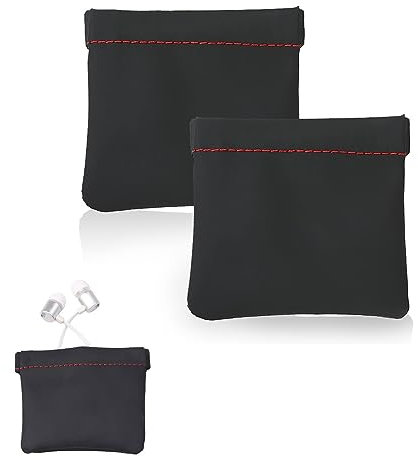 2 Pack Black Earphone Pouch PU Leather Headphone Storage Bag,Soft PU Leather Bag for Earphones More Headphone Protection and Easy Carrying,Elastic Steel Spring Closure Portable Bagfor Earphones